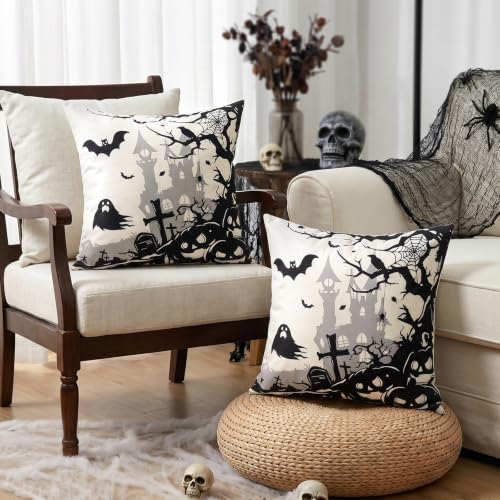 Artscope Halloween Haunted House & Ghost Throw Pillow Cover Set - Bat 16x16 Inches