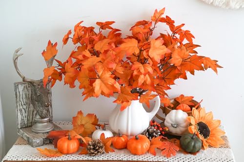 Artificial Maple Leaves Branches - 8PCS 14 Inch Faux Fall Leaves Stem in Orange for Fall Decor & Thanksgiving Centerpieces