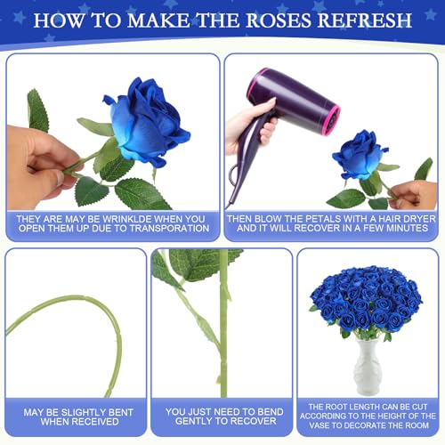 Artificial Blue Roses Bulk - 50 Realistic Silk Flowers for DIY & Decor - Blue / 50