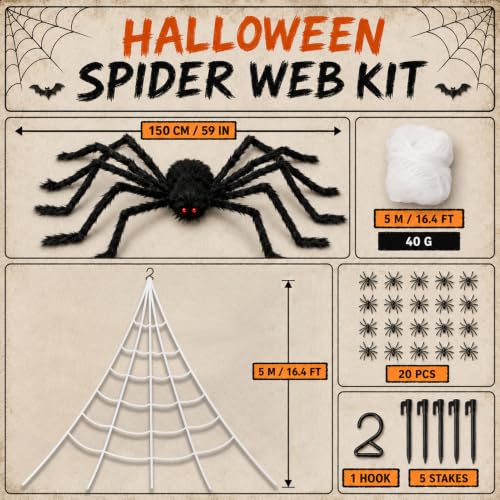 Halloween Decorations Set with 4.9 Ft Spider & 16.4 Ft Web - Yard & Party Decor
