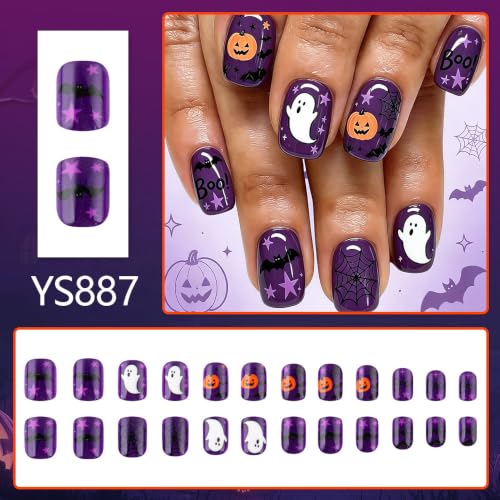 Halloween Press On Nails W10 Purple Short Square Fake Nails with Ghost Pumpkin Bat Web Design