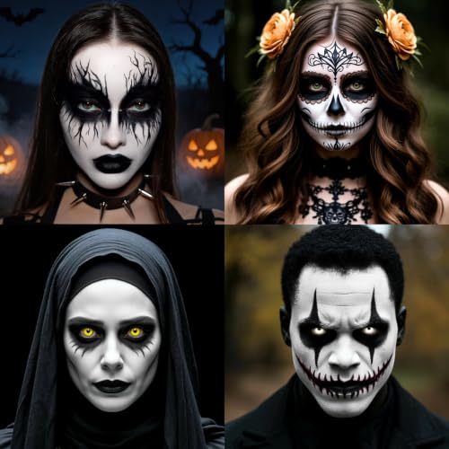 Face & Body Paint Set - 15 Black and White Water Activated Makeup for Halloween & Cosplay