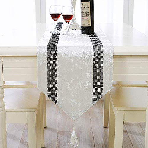 Cream White 13x98 Inch Sequin Rhinestone Tassel Table Runner - Elegant Party Decor