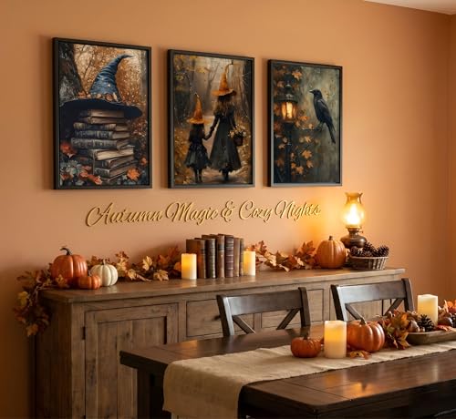 Halloween Canvas Wall Art Set - 3 Pieces 16x12 Inches Framed Gothic Witch Books Crow Autumn Decor