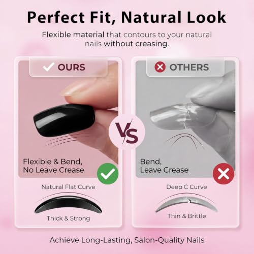 LuckForever Extra Short Black Square Press On Nails - Fake Nails Glue Ons