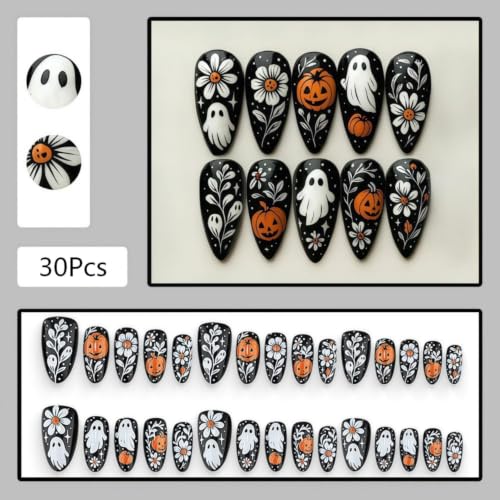 Black Halloween Press-On Nails with Ghosts & Pumpkin Design - Medium Almond Full Cover Fake Nails