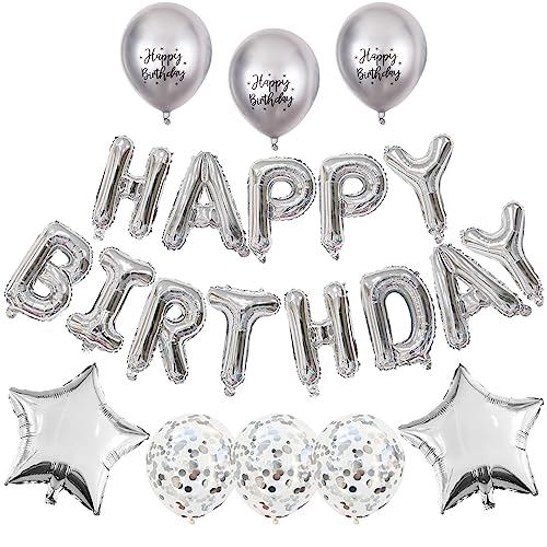 Silver Happy Birthday Balloons Banner Set - 16 Inch Foil Letters & Confetti Balloons