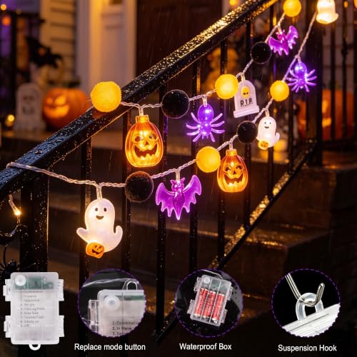 2PCS Halloween Pumpkin String Lights - Battery Operated 10FT with Ghosts Bats Spiders