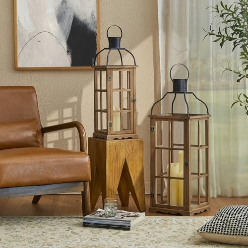Natural Wood & Black Metal Farmhouse Candle Lanterns Set of 2 - 25 & 18.75 Inches