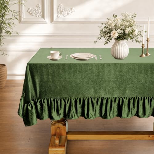 Velvet Tablecloth 60x120 Inches - Olive Green Ruffled Rectangular Holiday Decor
