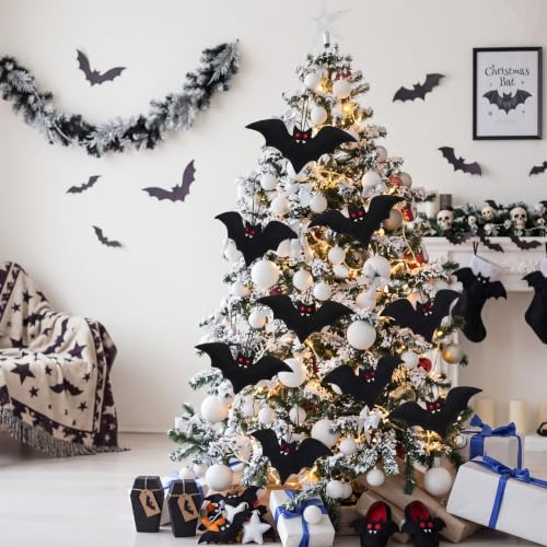 Bat Christmas Tree Ornaments - Set of 12 Black Plush Holiday Decorations