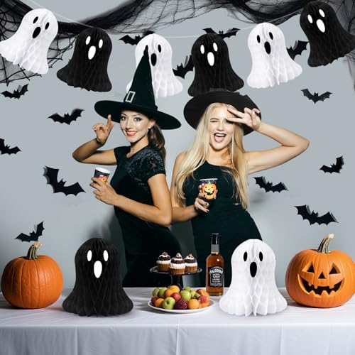 Halloween Ghost Decorations - 10 Black and White Honeycomb Hanging Decor