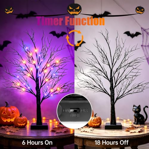 Halloween Decorations Indoor, 2 Pack 26-Inch Black Halloween Trees with Orange & Purple LED Lights - USB & Battery Powered, Spooky Tabletop Decor, Orange Purple Variation