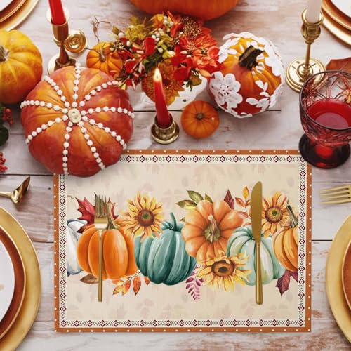 Fall Placemats Set of 4 - Pumpkin Sunflower Autumn Table Decor, Washable Cotton Linen