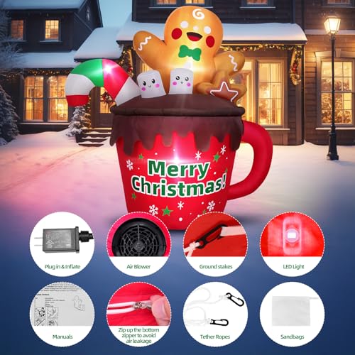 6FT Christmas Inflatable Hot Cocoa Mug with LED Lights for Outdoor Yard Decor