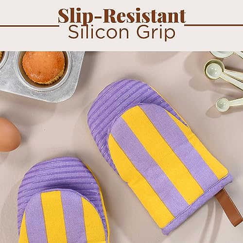 Mini Silicone Oven Mitts Set of 2 - Heat Resistant, Non-Slip Grip, Purple & Yellow Striped - Viola Variation
