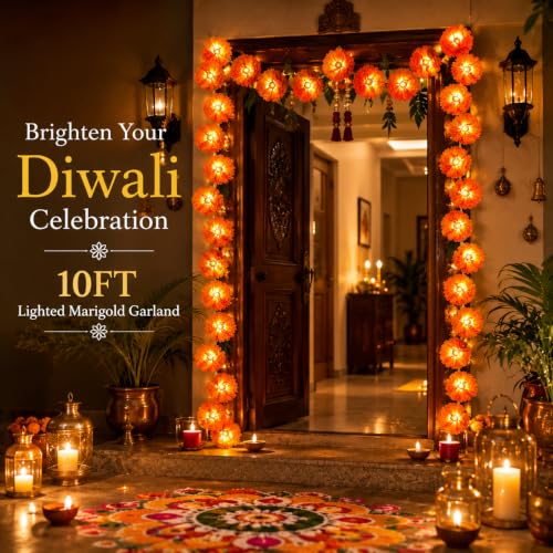 3 Pack LED Marigold Garland with Lights for Fall Halloween and Diwali Decor