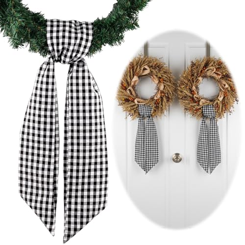 Black White Checkered Sash for Wreaths - 2 Pack Halloween & Modern Decor - Variation of Black White