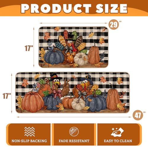 Fall Harvest Thanksgiving Kitchen Rugs Set of 2 - Non-Slip Floor Mats for Indoor & Outdoor Use