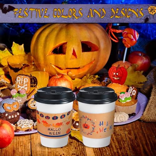 Halloween Disposable Coffee Cups Set with Lids and Sleeves - 50 Pack, Retro Pattern Variation of THIS Listing