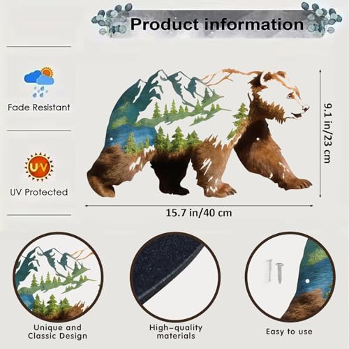 Mountain Bear Metal Wall Art - Pine Tree Wilderness Scene with Variation L