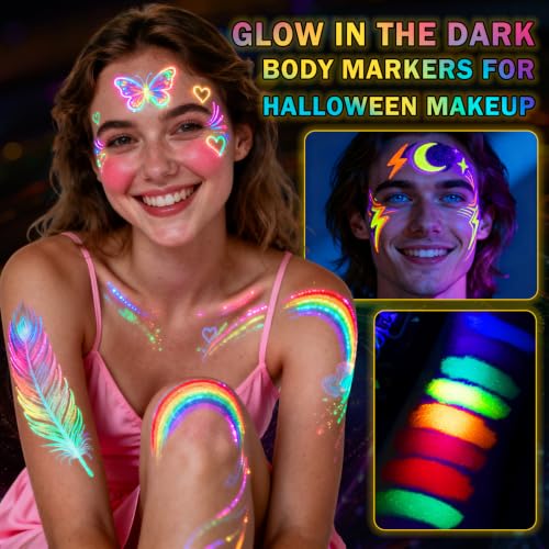 Glow in the Dark Face & Body Paint Markers - 12 Colors for Skin, UV Neon