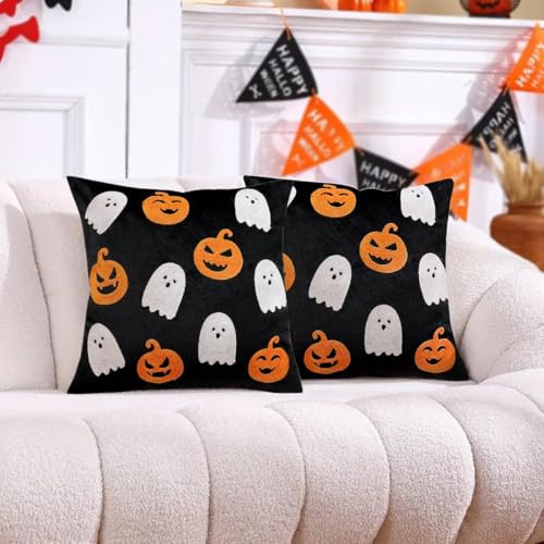 Halloween Fall Ghost Throw Pillow Covers 18x18 Set of 2 - Black & Pumpkin