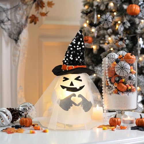 Halloween Ghost Tree Topper with Timer & Lights - 10.5 Inch Indoor Christmas Decor