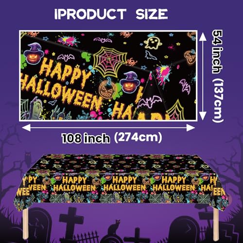 Halloween Disposable Plastic Tablecloths Set - Black Neon Pumpkins Bats Ghosts 5 Pack