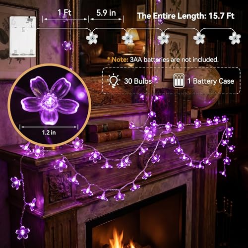 Purple Battery Operated Flower String Lights 15FT 30LED - Decorative Indoor Outdoor