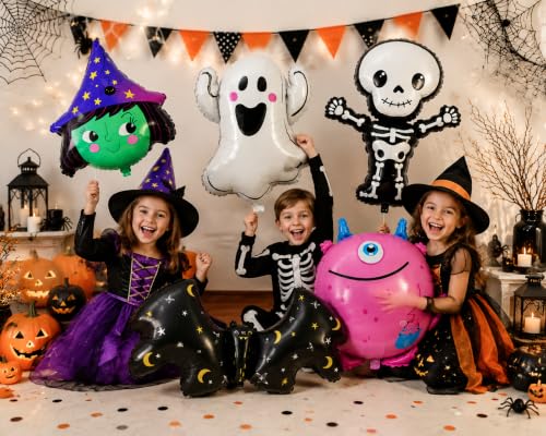 Halloween Foil Balloon Set - Cute Ghost Skeleton Witch Bat Monster Party Decorations