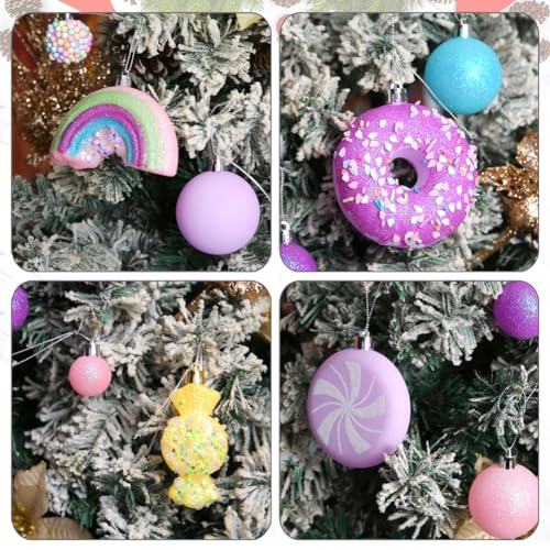 Christmas Tree Ornaments Set 40 Pink & Yellow Candy Donut Style Holiday Decorations — Variation of 40Macaron