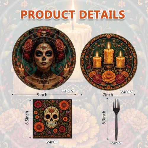 Mexican Fiesta Party Supplies Set for 24 - Skull & Marigold Theme Disposable Dinnerware
