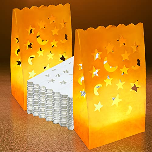 70PCS White Star & Moon Cutout Flame-Resistant Candle Bags for Holiday & Event Decor