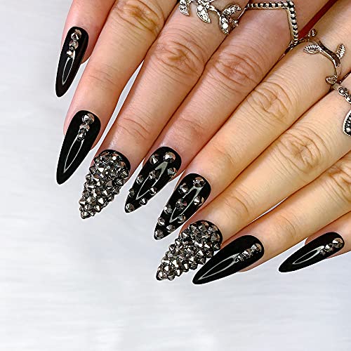 Morily 24pcs Fake Nails Black with Rhinestones - Glossy Crystal, Medium Long Stiletto Almond Press-On Tips for Women
