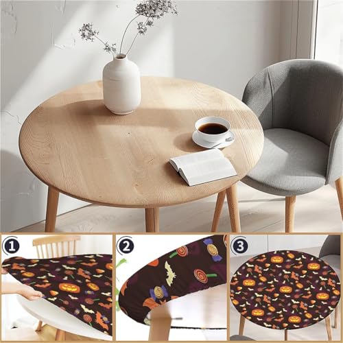 Round Waterproof Fitted Tablecloth with Elastic Edge - Halloween Treats 60 Inch