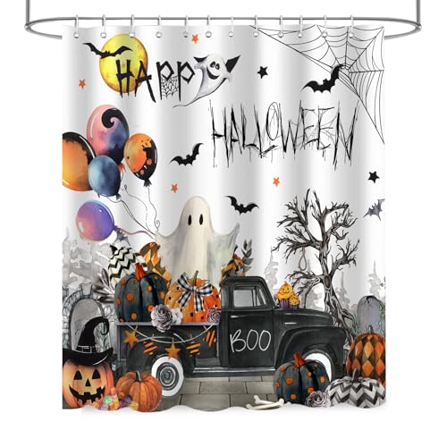 Halloween Shower Curtain with Ghost Pumpkin Balloon Design - Waterproof Fabric, 72x72 inches
