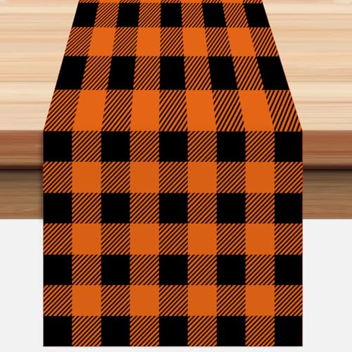 Black and Orange Buffalo Plaid Table Runner 13x72 Inch - Durable Polyester Home Decor