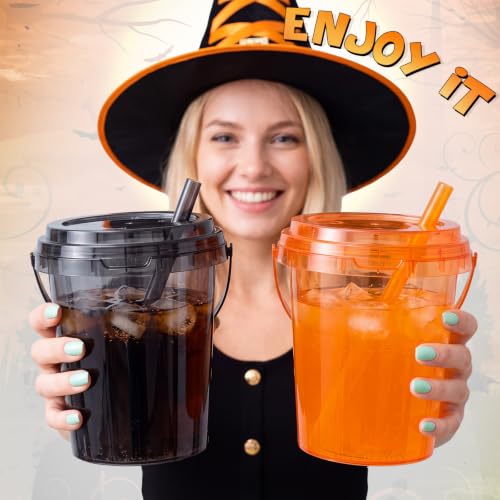 Halloween 15-Piece 32oz Drink Buckets Set with Lids Straws Handles - Spooky Bulk Party Supplies