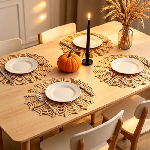 Gold Spider Web Placemats Set of 4 - Round Halloween Table Decor