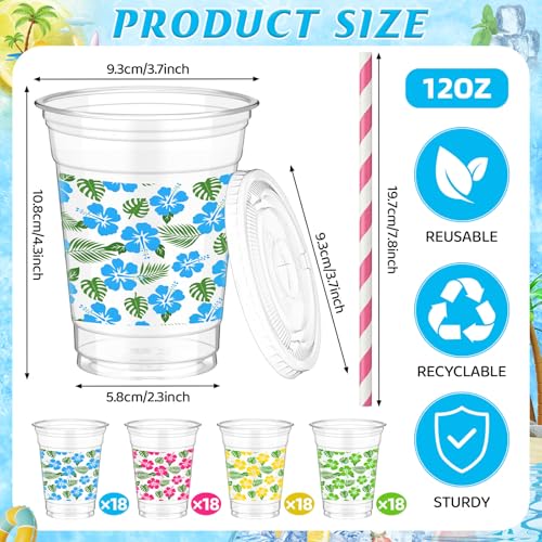 72 Summer Disposable Plastic Cups with Lids & Straws - Hawaiian Tropical Design