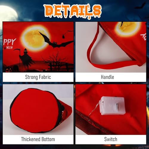 LED Light Up Pumpkin Candy Bag - Collapsible Reusable Halloween Trick or Treat Basket - Red