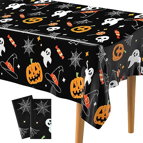 Halloween Tablecloths 54x108 Inch Set - Black, Orange, White Spooky Decor