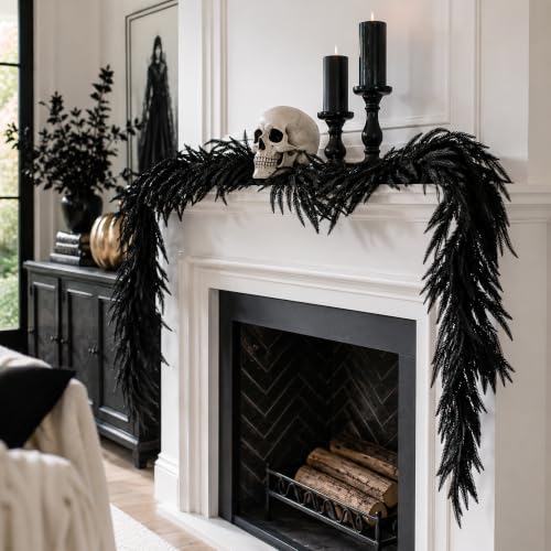 6ft Black Halloween Garland - Norfolk Pine Vine for Mantle & Decor - D Style / 1 Pc