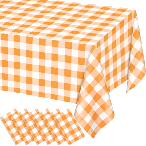 Orange and White Gingham Waterproof Disposable Tablecloths - 6 Pack, 54x108 Inches, Party, Picnic, Wedding