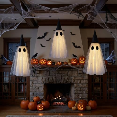 Halloween Hanging Ghost Decorations Set - 17.7/21.6/25.6 Inch Outdoor Ghosts with Witch Hat & Glowing Lights