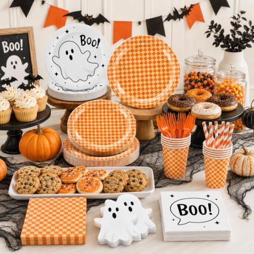 Halloween Party Supplies Set 156 Pieces Ghost & Orange Checkered Tableware