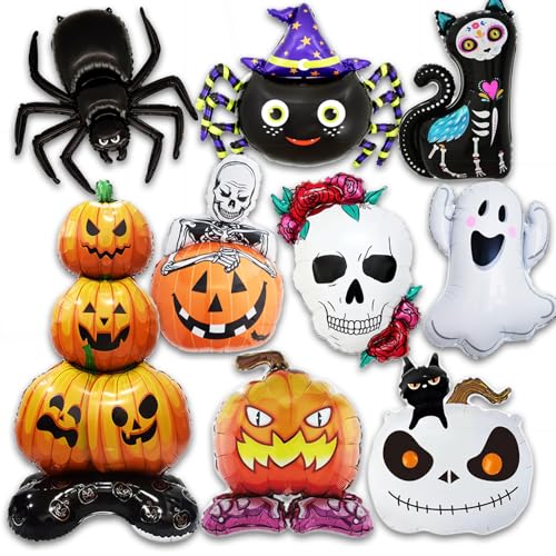 Halloween Foil Balloons Set - 9pcs Ghost, Pumpkin, Spider, Skeleton, Black Cat Party Decorations