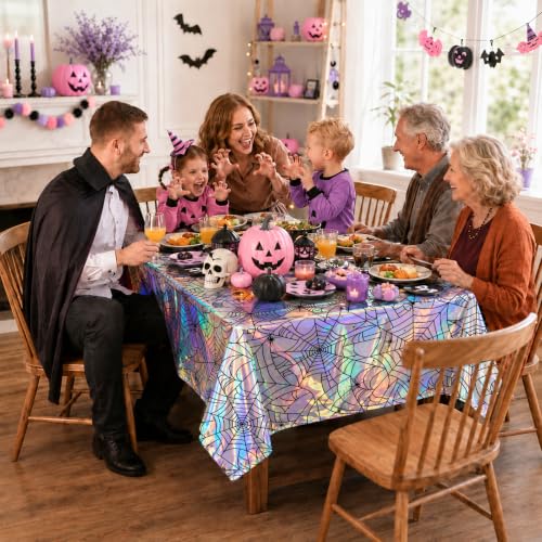 Halloween Party Tablecloth Set - 3 Disposable Iridescent Spiderweb Plastic Coverings Variation of THIS listing