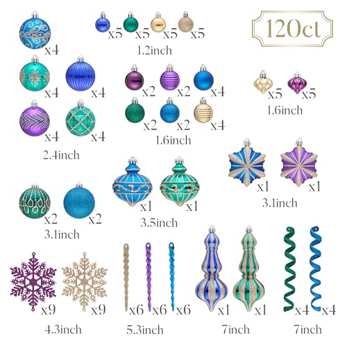Christmas Ornaments Set 120pcs Holiday Tree Decorations with Peacock Theme